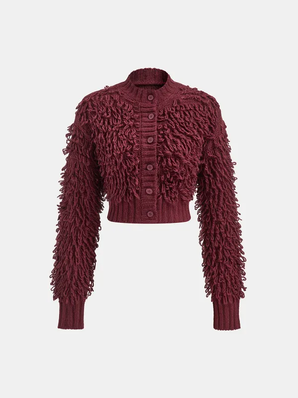Textured Fringe Buttoned Knit Top sold by COMMENSE