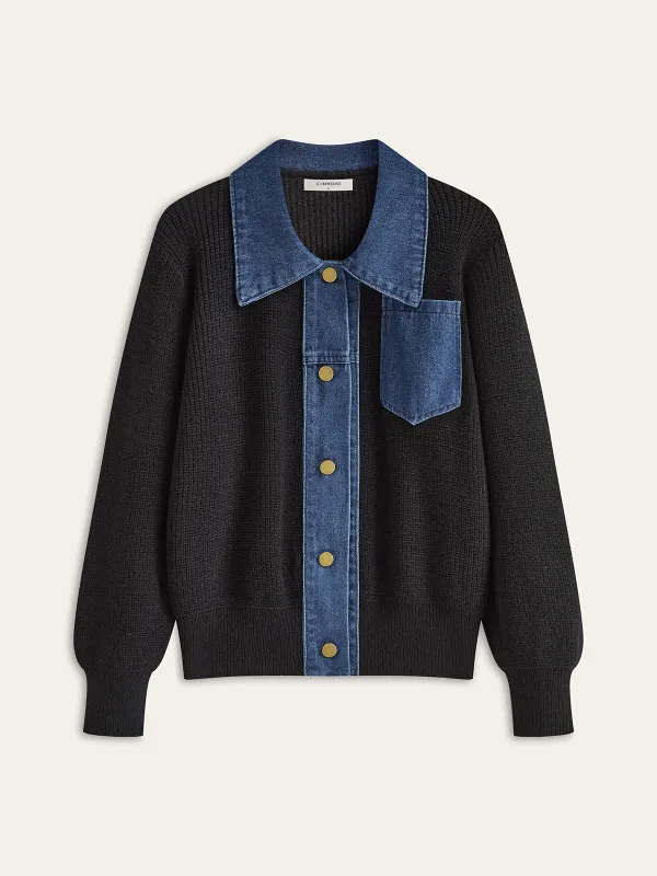 Denim Panel Knit Cardigan sold by COMMENSE