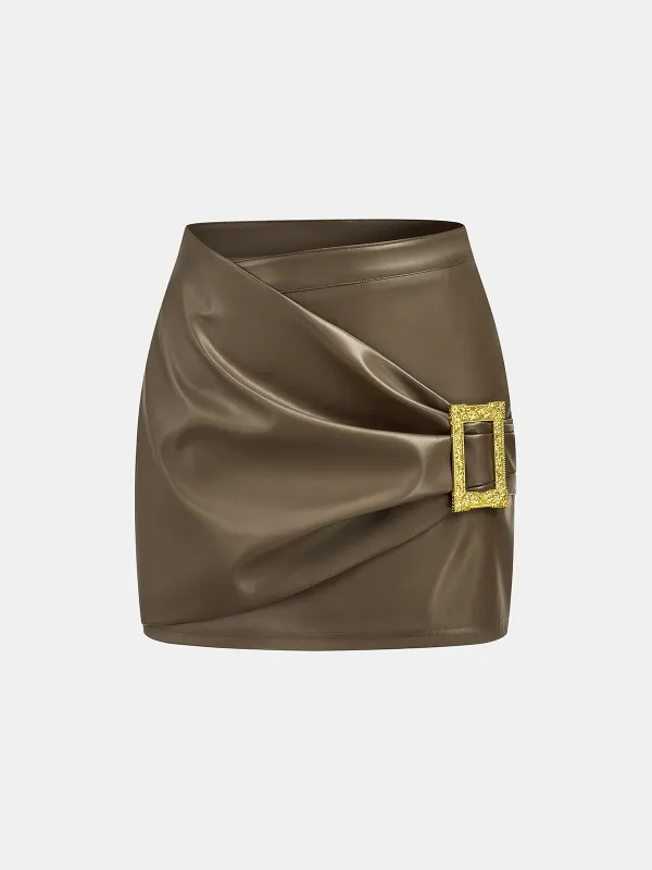 Metal Buckle Faux Leather Mini Skirt sold by COMMENSE