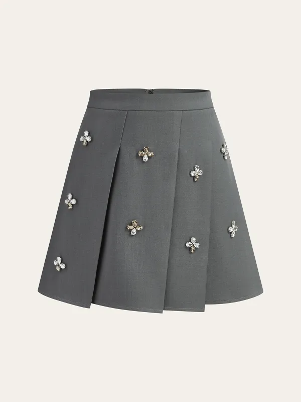 A-Line Floral Rhinestone Mini Skirt made by COMMENSE