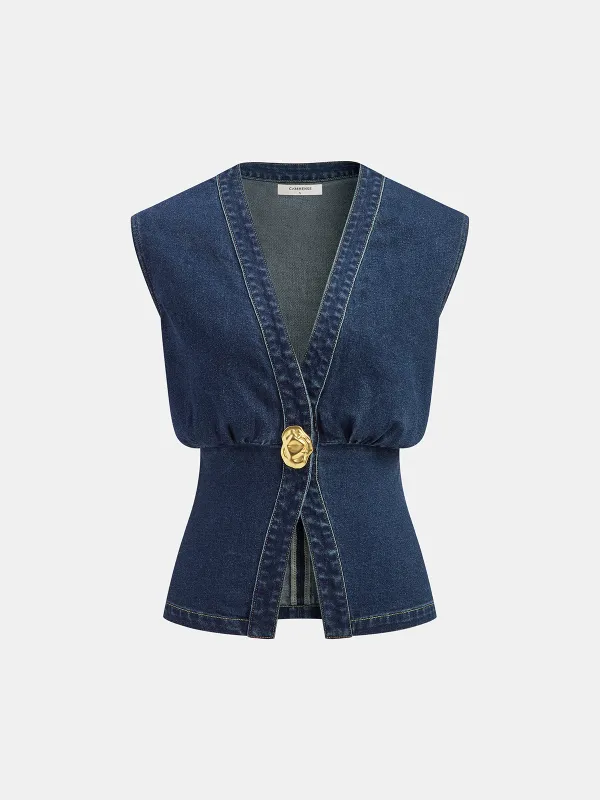 Metal Detail Denim Waist-Cinching Vest sold by COMMENSE