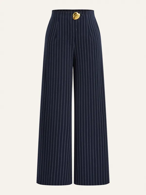 Metal Button Asymmetric Placket Pinstripe Wide-Leg Pants sold by COMMENSE