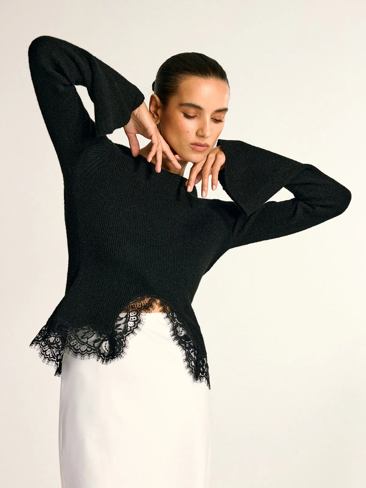 Lace Hem Bell Sleeve Wool Blend Knit Top sold by COMMENSE product image thumbnail 4