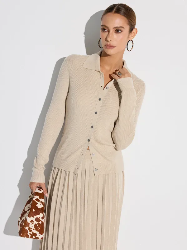Ribbed Wool Blend Polo Collar Cardigan sold by COMMENSE