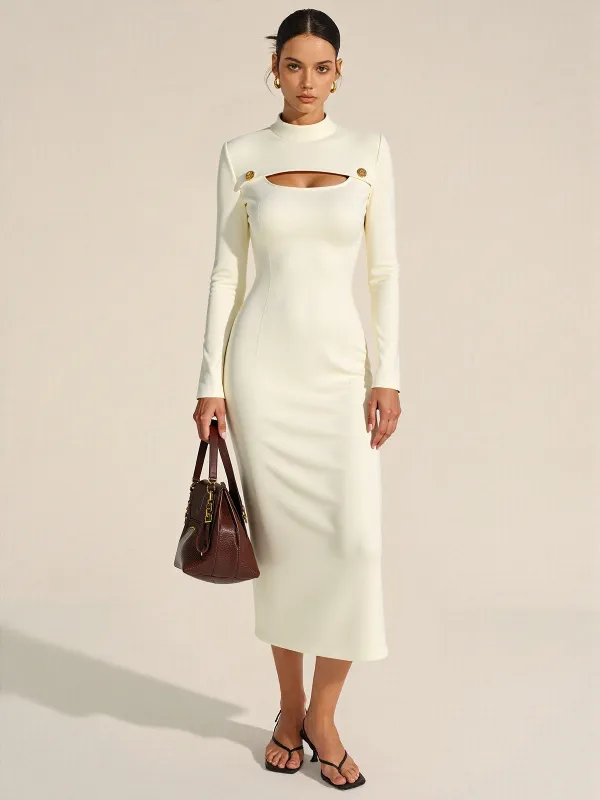 Stand Collar Long Sleeve Cut-Out Fitted Dress sold by COMMENSE