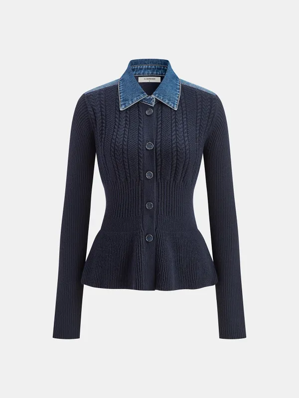 Denim Collar Cable Knit Button-Front Peplum Cardigan sold by COMMENSE