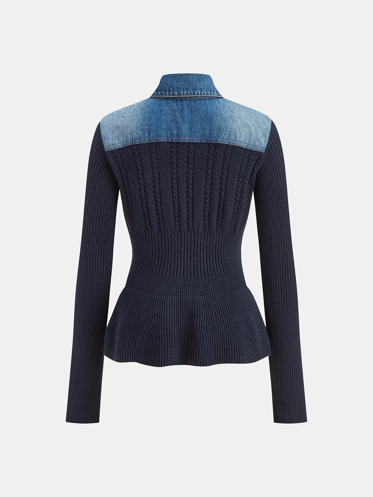 Denim Collar Cable Knit Button-Front Peplum Cardigan sold by COMMENSE product image thumbnail 3
