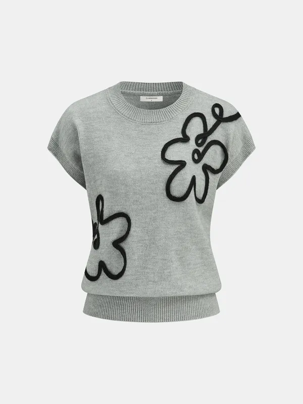 Floral Applique Cap Sleeve Sweater Vest sold by COMMENSE