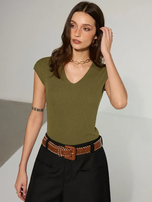 V-Neck Cap-Sleeve Knit Top sold by COMMENSE