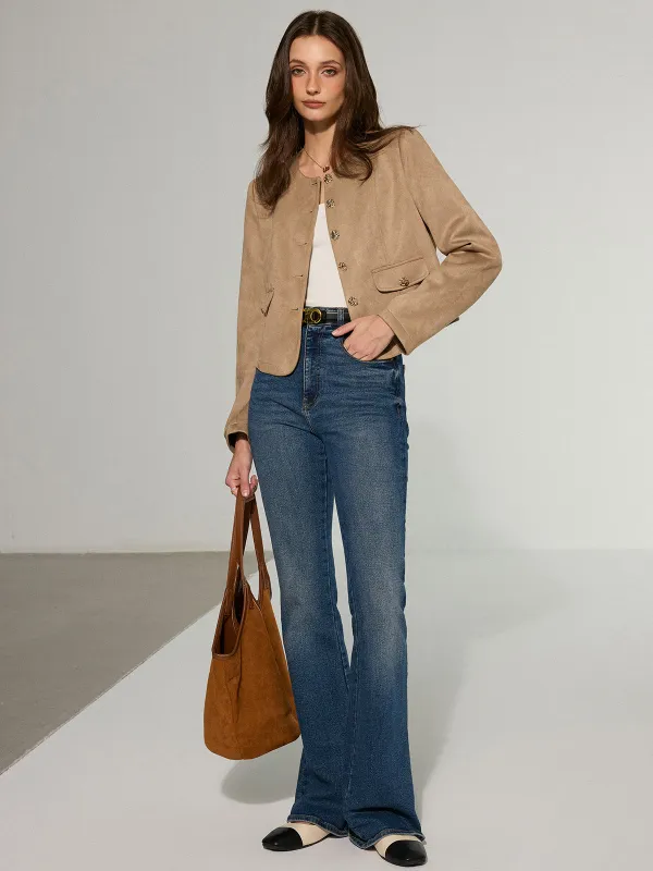 Metal Button Suede Blazer sold by COMMENSE