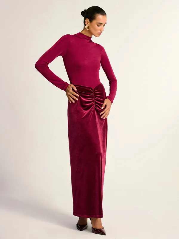 Velvet Panel Mock Neck Backless Maxi Dress sold by COMMENSE