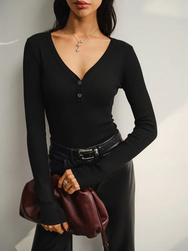 Button Placket Ribbed Knit Fitted V-Neck Top sold by COMMENSE