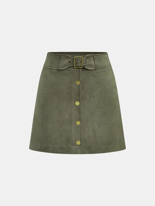High-Waist Button Front Suede Mini Skirt sold by COMMENSE