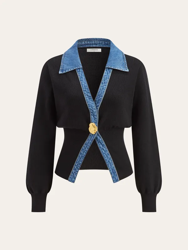 Denim Trim Metal Button Cardigan sold by COMMENSE