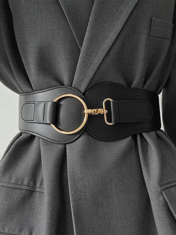 Golden Circular Buckle PU Leather Wide Belt sold by COMMENSE
