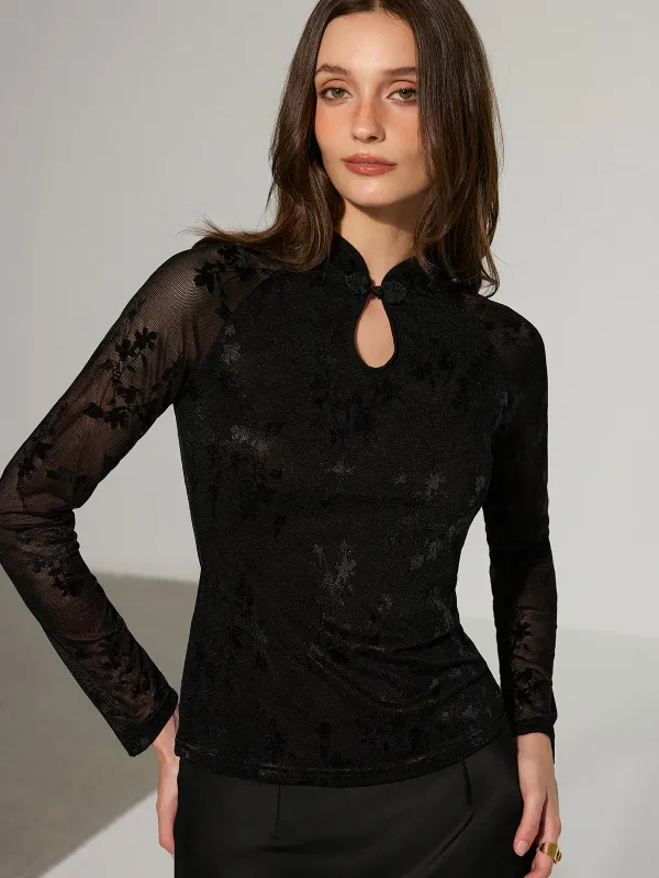 Mandarin Collar Floral Lace Long Sleeve T-Shirt sold by COMMENSE