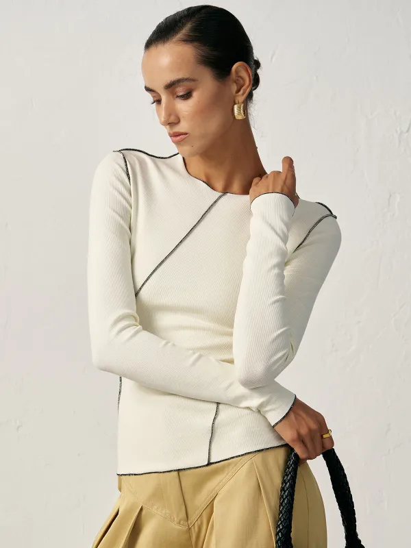 Contrast Piping Ribbed Knit Top sold by COMMENSE