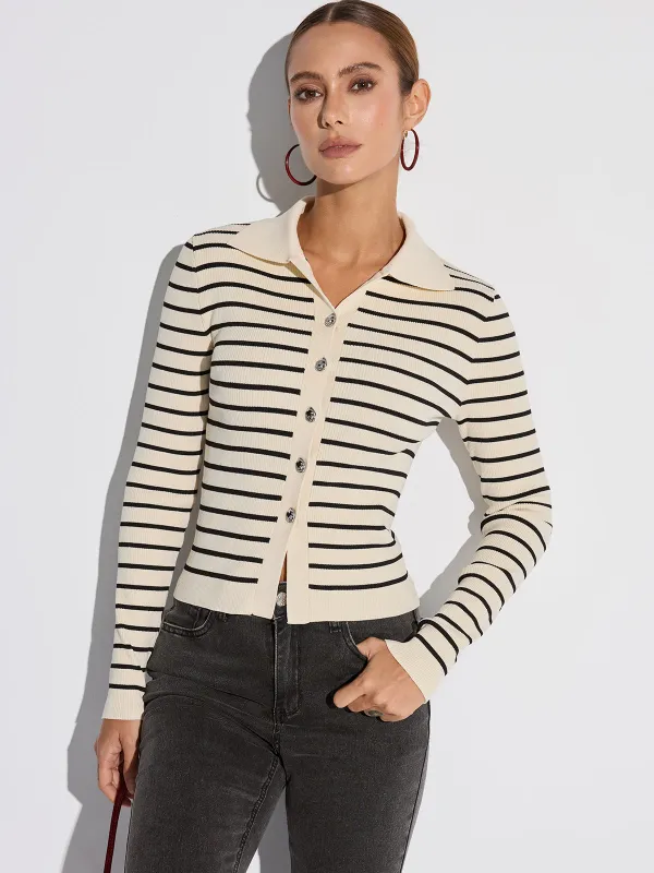 Metal Button Striped Collared Cardigan sold by COMMENSE