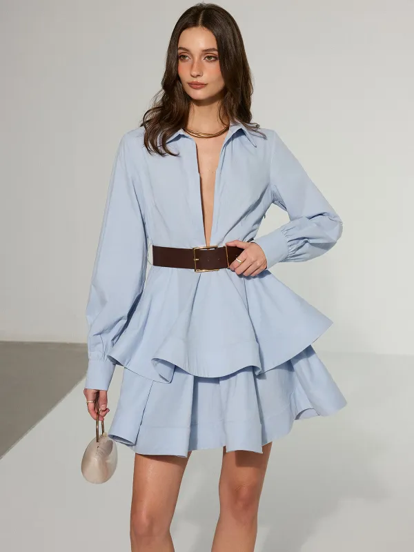 Belted Zip-From Cotton Tiered Shirt Dress sold by COMMENSE