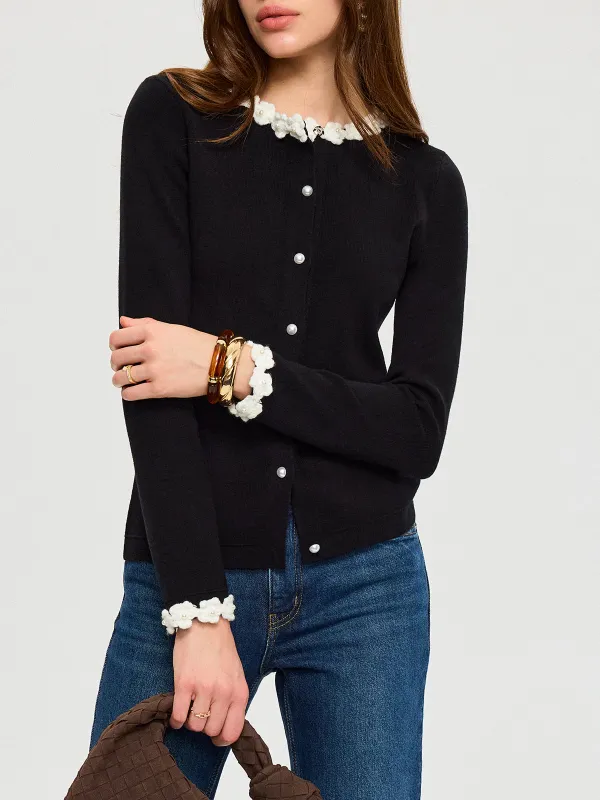 3D Floral Trim Pearl Button Cardigan sold by COMMENSE