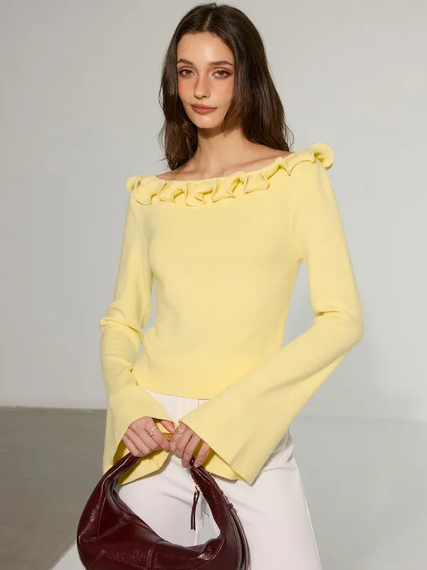 Off-Shoulder Ruffled Collar Flared Sleeve Sweater sold by COMMENSE