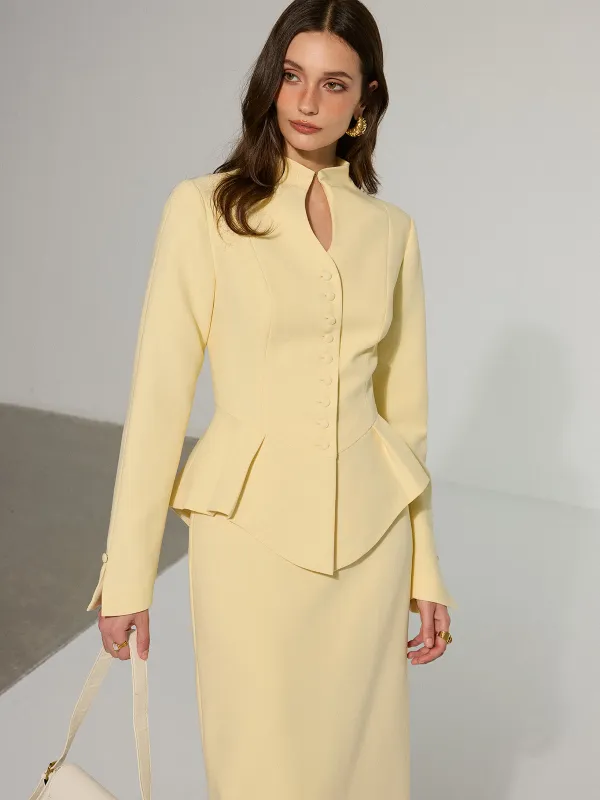 Keyhole Neckline Button Front Peplum Blazer sold by COMMENSE