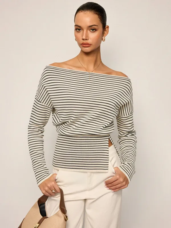 Slit Hem Off-Shoulder Striped Sweater sold by COMMENSE