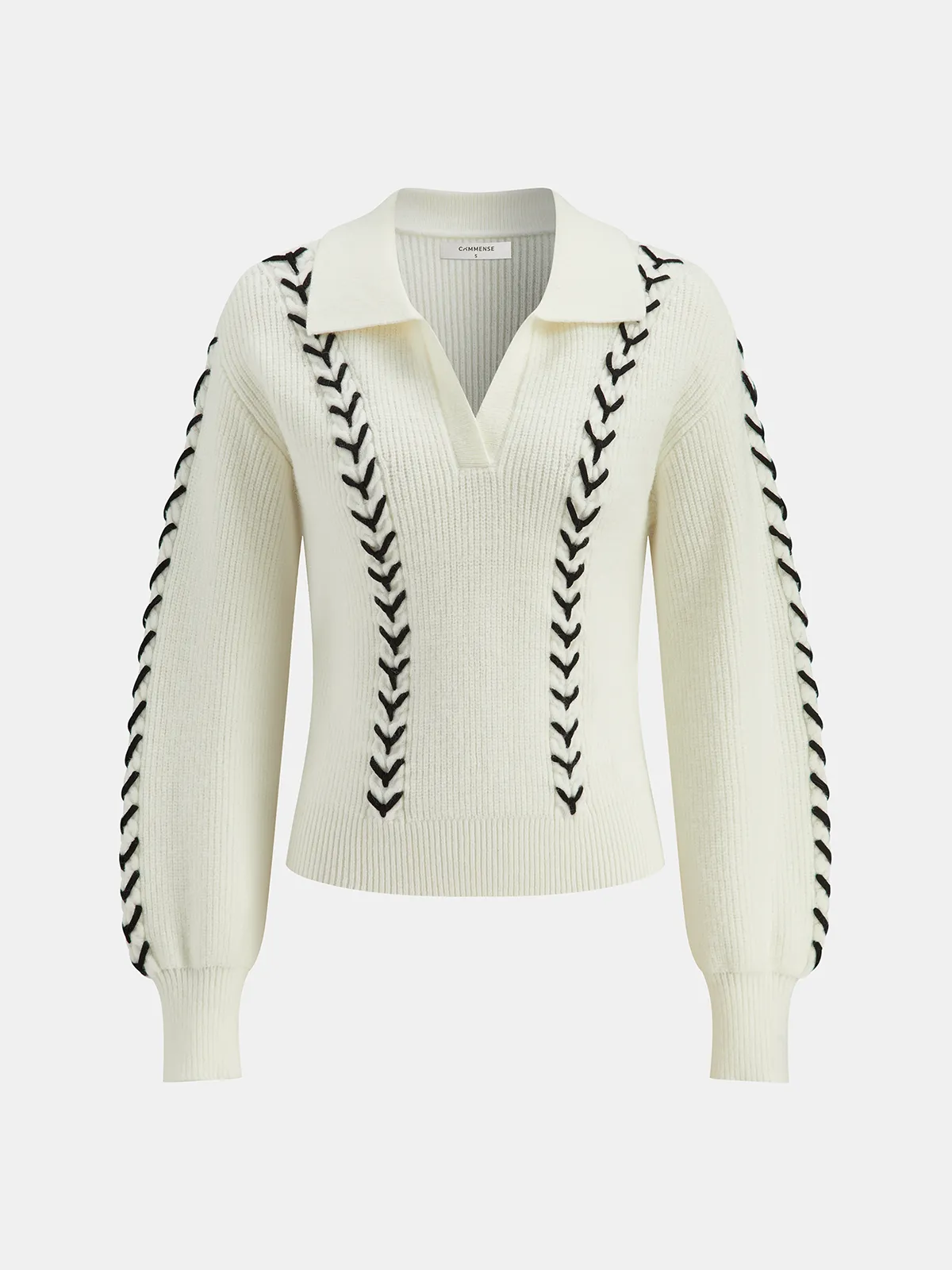 Contrast Stitching Polo Neck Cable Knit Top sold by COMMENSE product image thumbnail 2