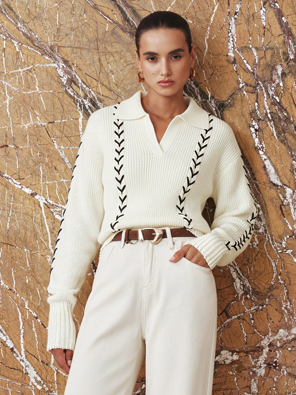 Contrast Stitching Polo Neck Cable Knit Top sold by COMMENSE