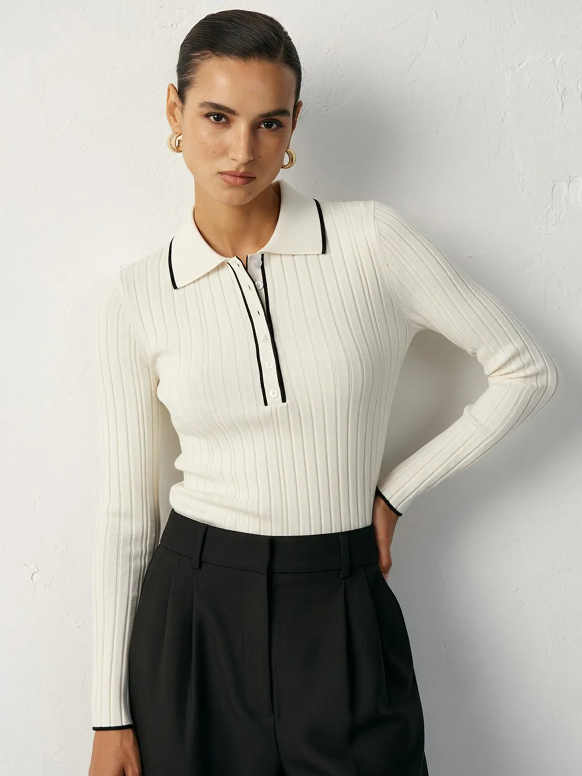 Contrast Trim Wool Blend Polo Neck Sweater sold by COMMENSE