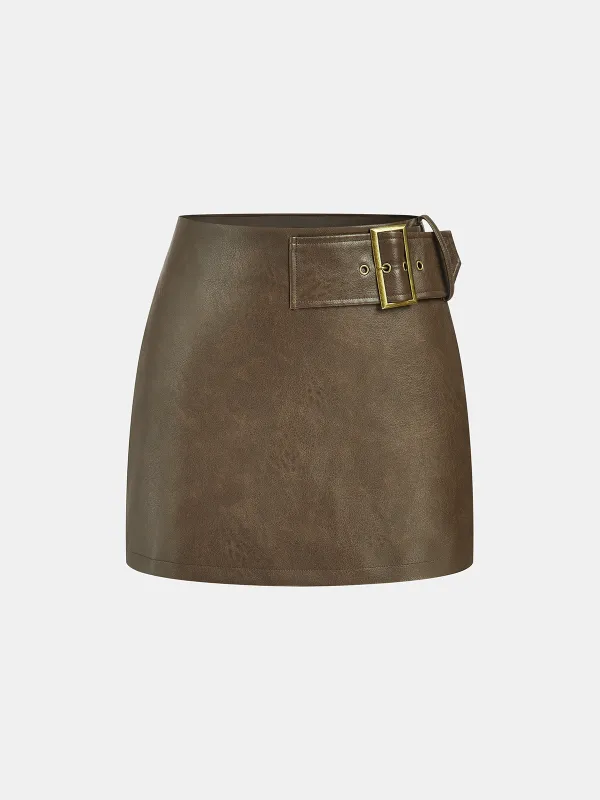 Metal Buckle Faux Leather Mini Skirt sold by COMMENSE