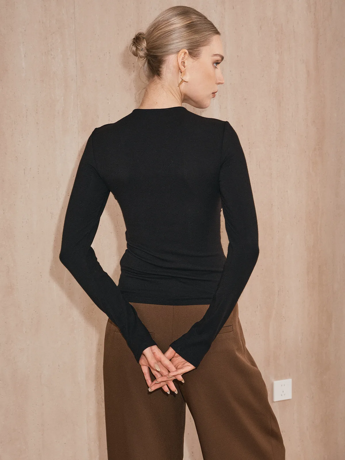 Cross-Over Front Metal Detail Long Sleeve Top sold by COMMENSE product image thumbnail 4