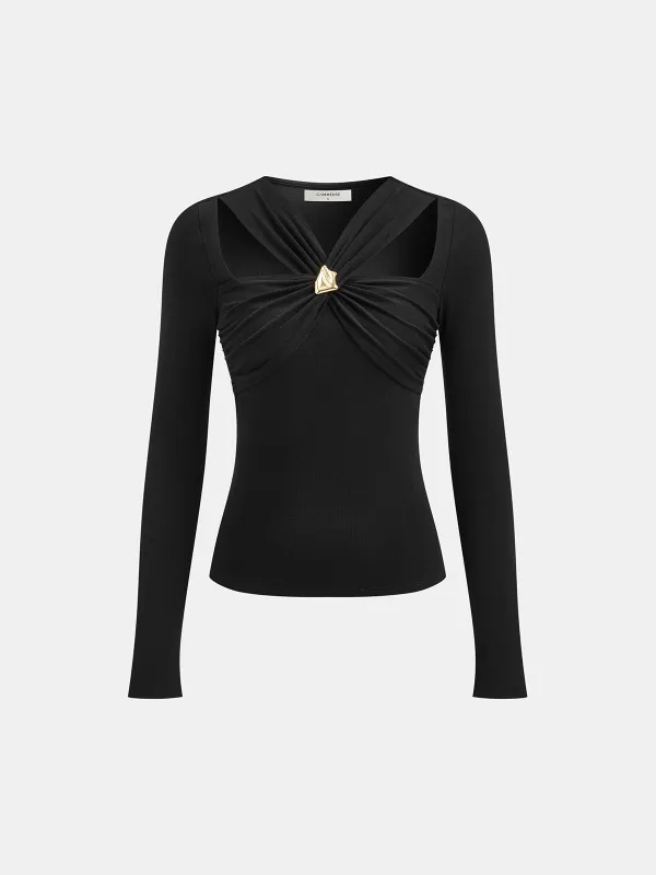 Cross-Over Front Metal Detail Long Sleeve Top sold by COMMENSE