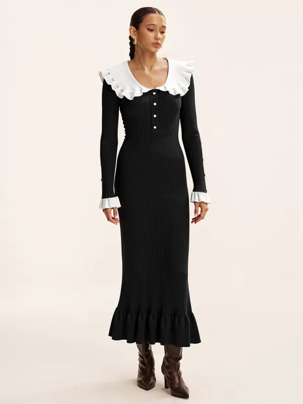 Contrast Ruffled Collar Knit Midi Dress sold by COMMENSE