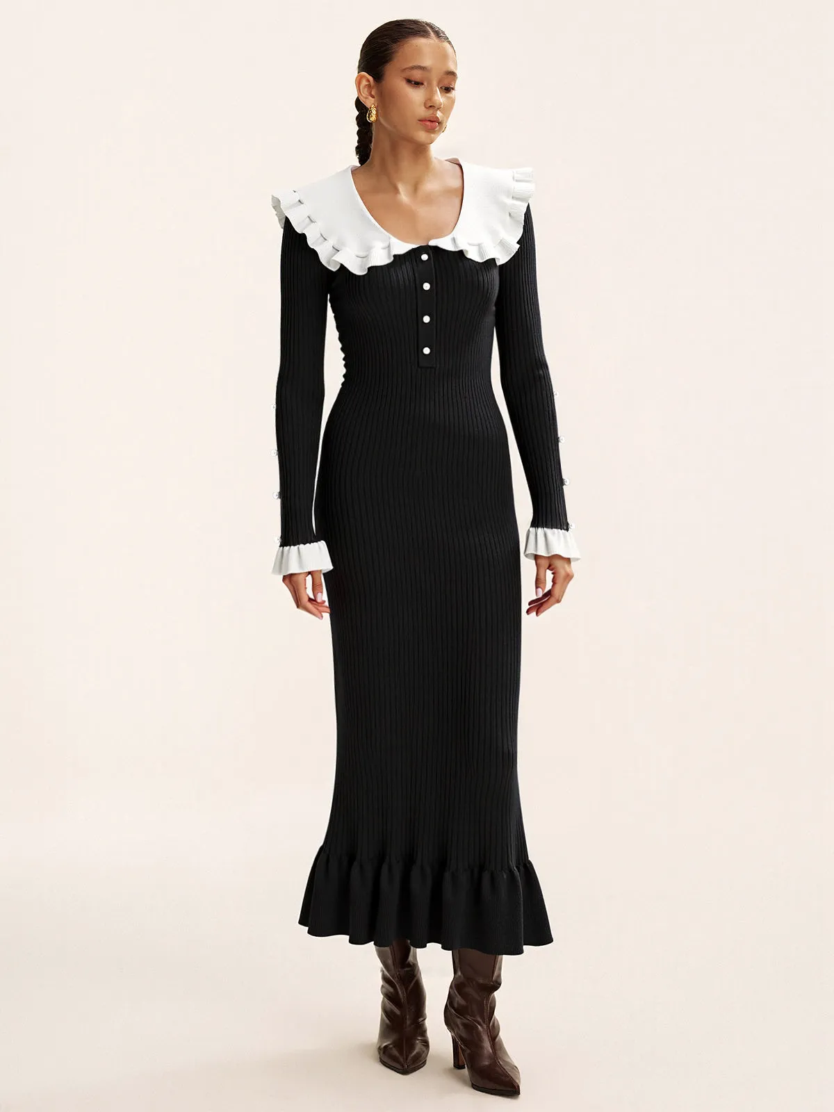 Contrast Ruffled Collar Knit Midi Dress sold by COMMENSE