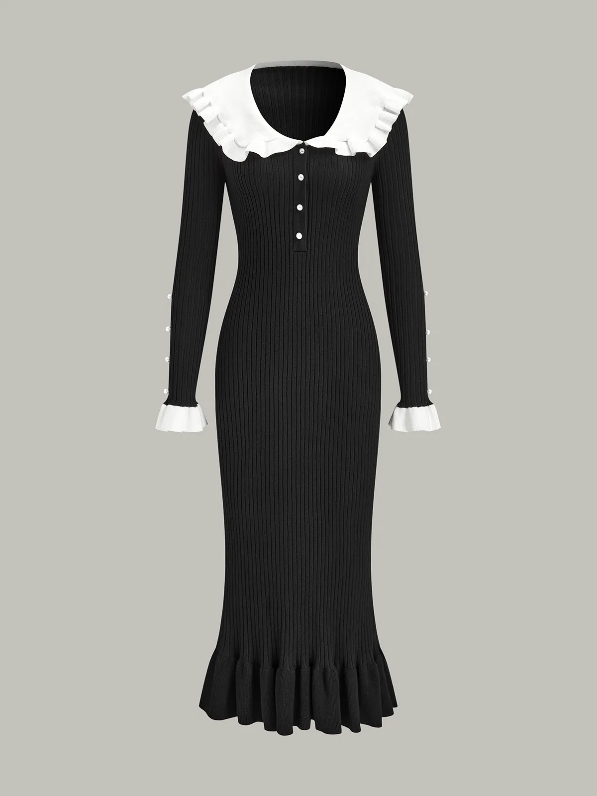 Contrast Ruffled Collar Knit Midi Dress sold by COMMENSE product image thumbnail 2