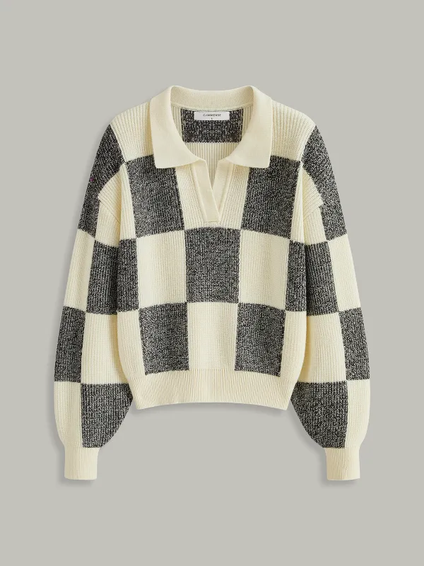 Checkered Wool Blend Polo Knit Top sold by COMMENSE