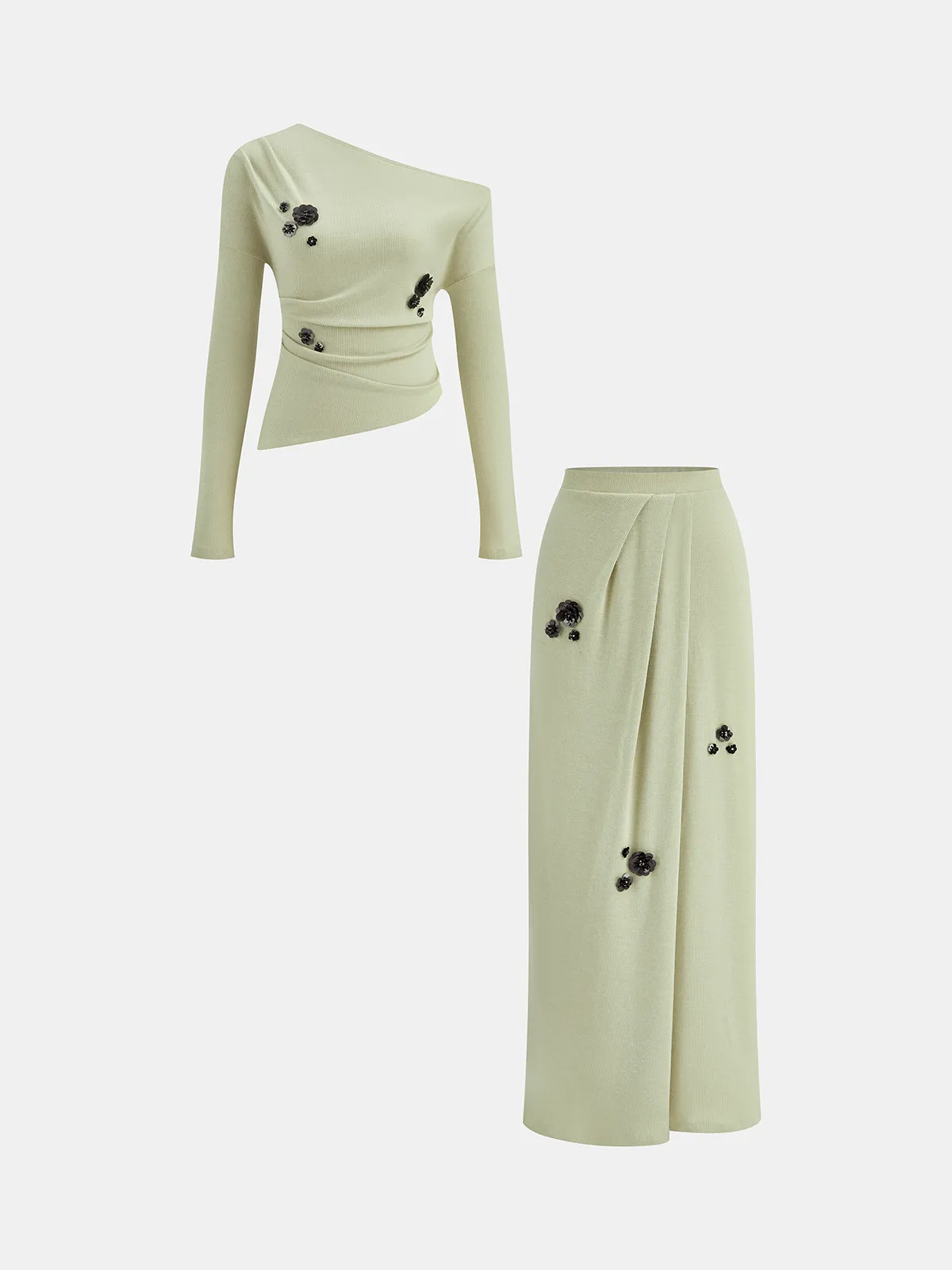 Sequin Flower One-Shoulder Knit Top and Skirt Set sold by COMMENSE