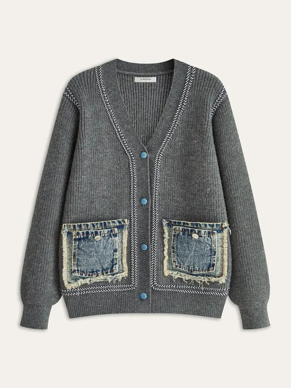 Contrast Trim Denim Panel Cardigan sold by COMMENSE