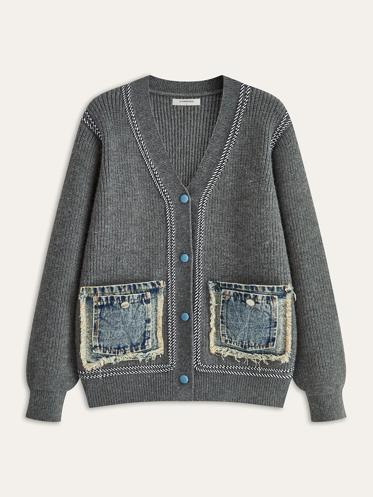Contrast Trim Denim Panel Cardigan sold by COMMENSE
