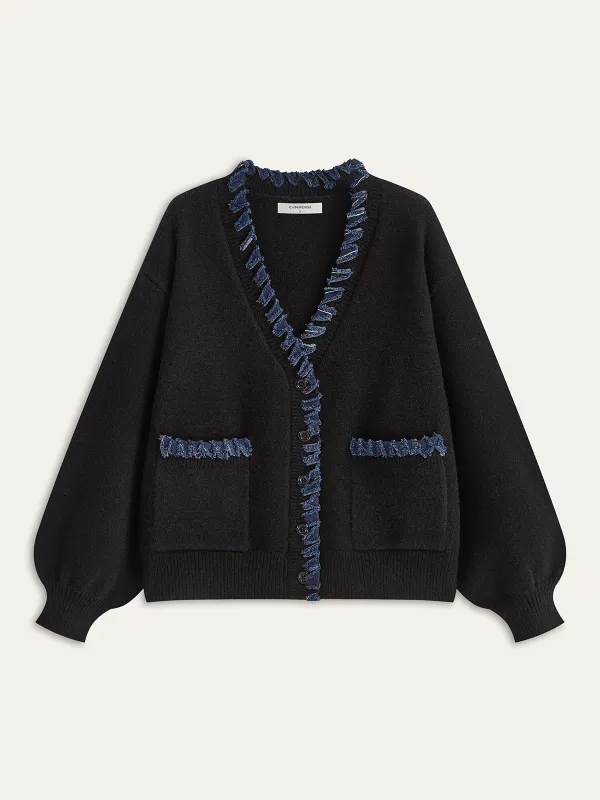 Denim Fringe Trim Cardigan sold by COMMENSE