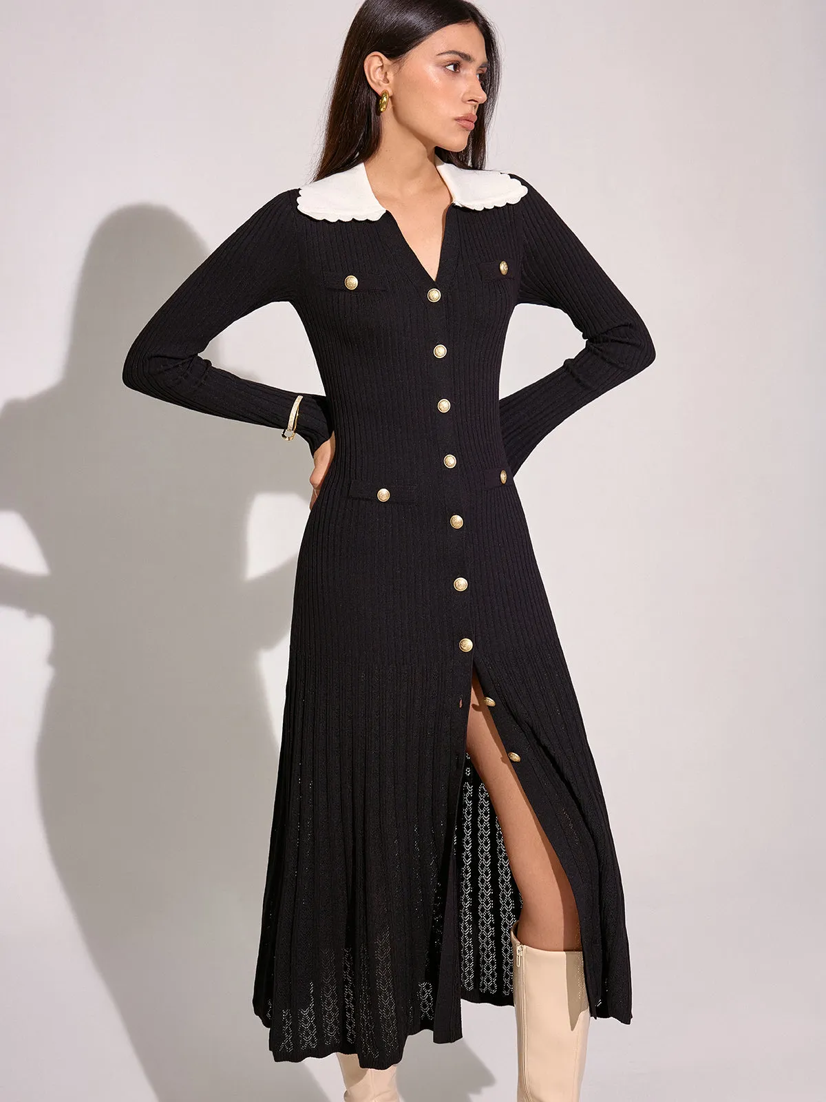 V-neck Collared Button Knitted Dress sold by COMMENSE product image thumbnail 4