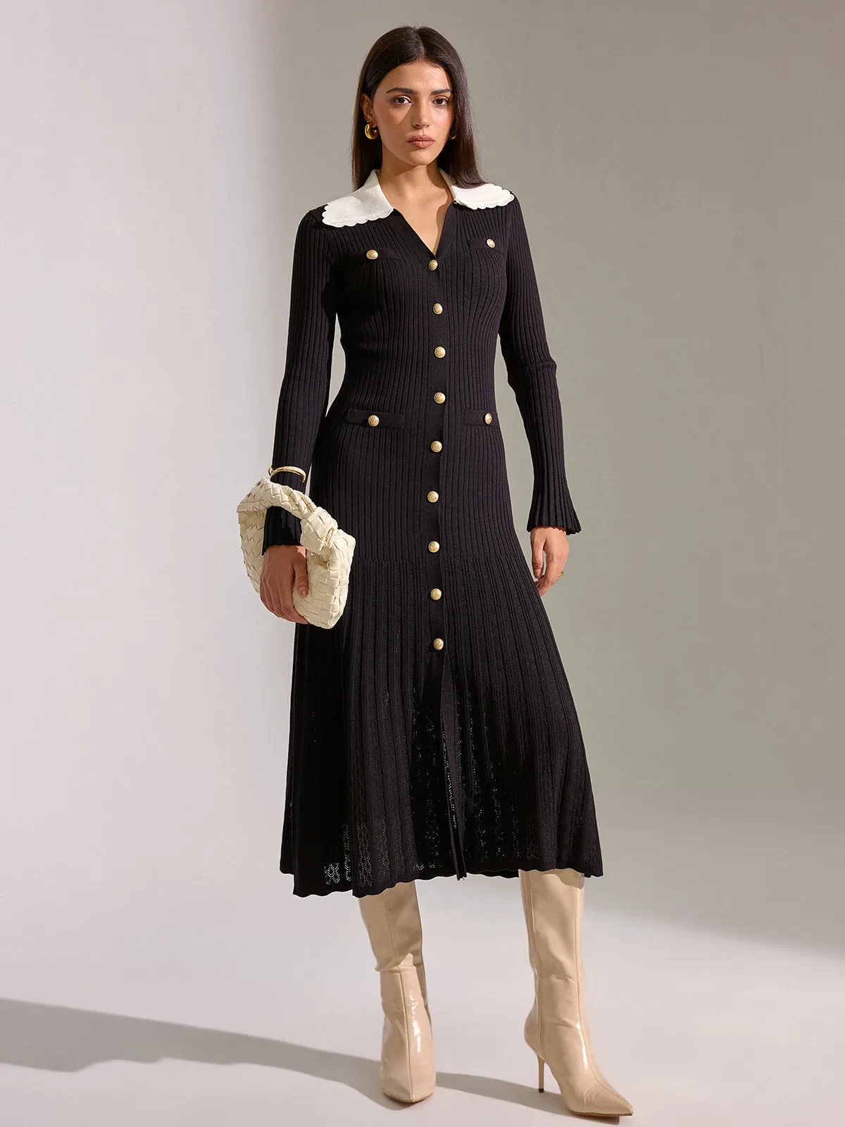 V-neck Collared Button Knitted Dress sold by COMMENSE