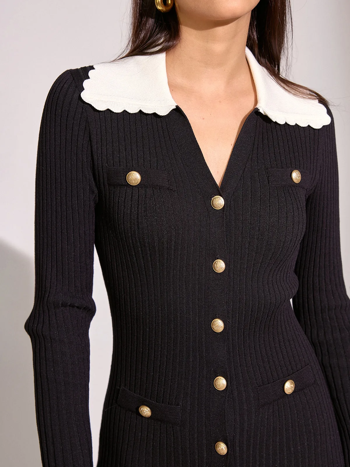 V-neck Collared Button Knitted Dress sold by COMMENSE product image thumbnail 5