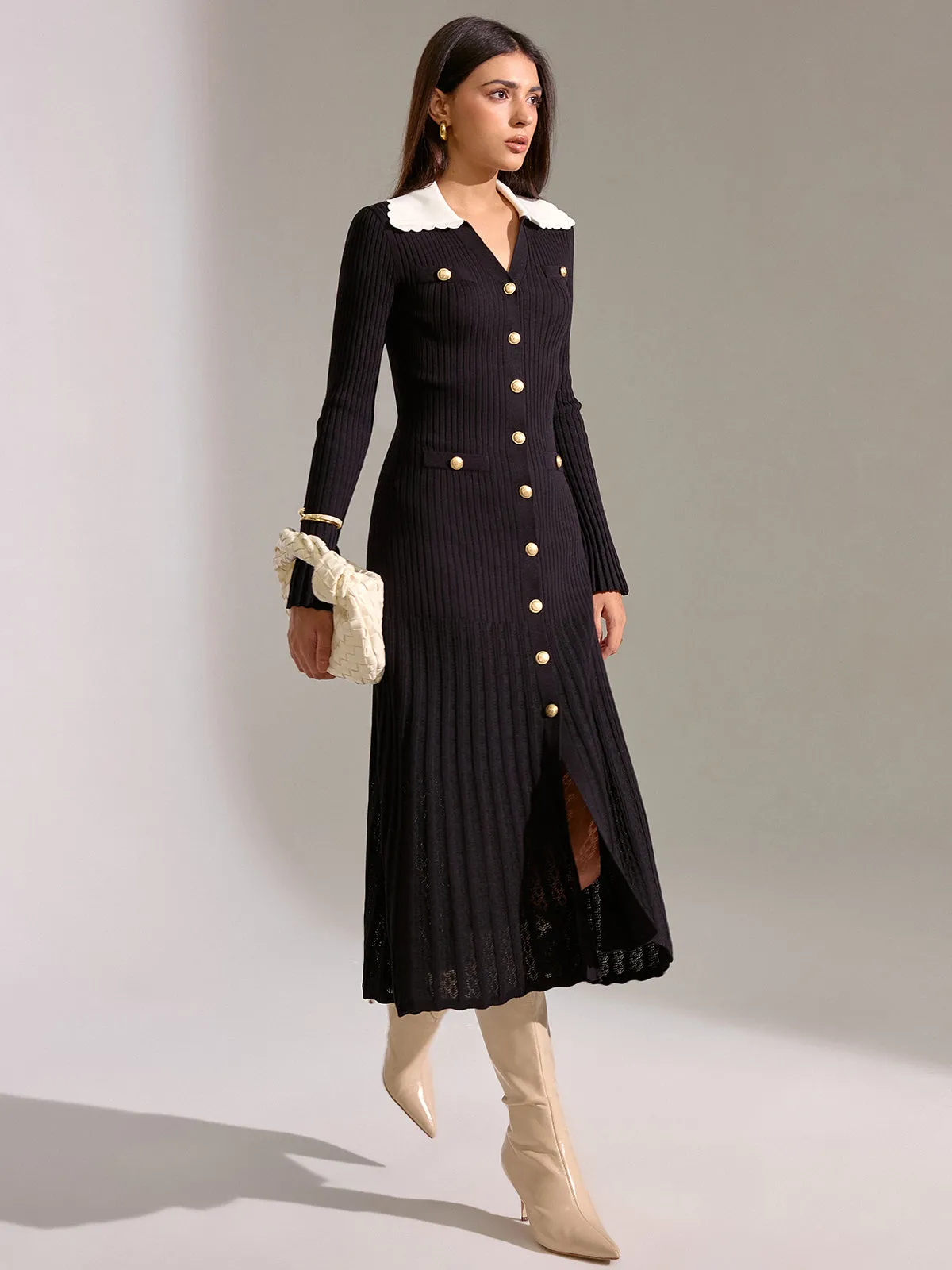 V-neck Collared Button Knitted Dress sold by COMMENSE product image thumbnail 2