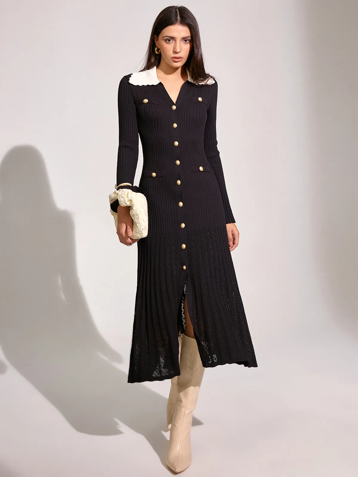 V-neck Collared Button Knitted Dress sold by COMMENSE product image thumbnail 3