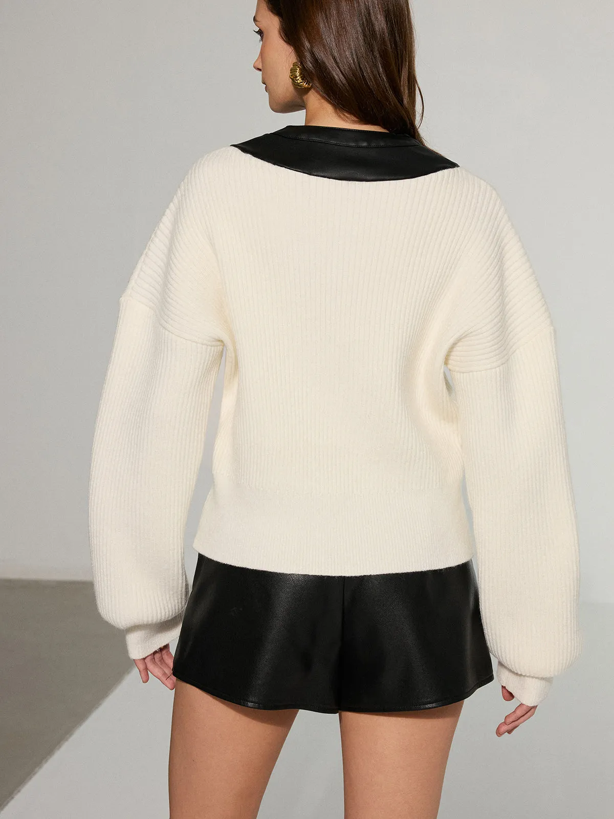 Leather Patchwork Button Down Cardigan sold by COMMENSE product image thumbnail 2