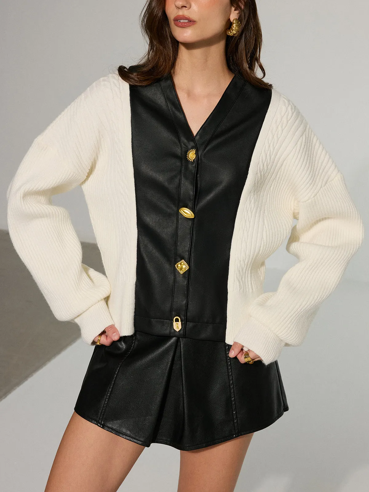 Leather Patchwork Button Down Cardigan sold by COMMENSE