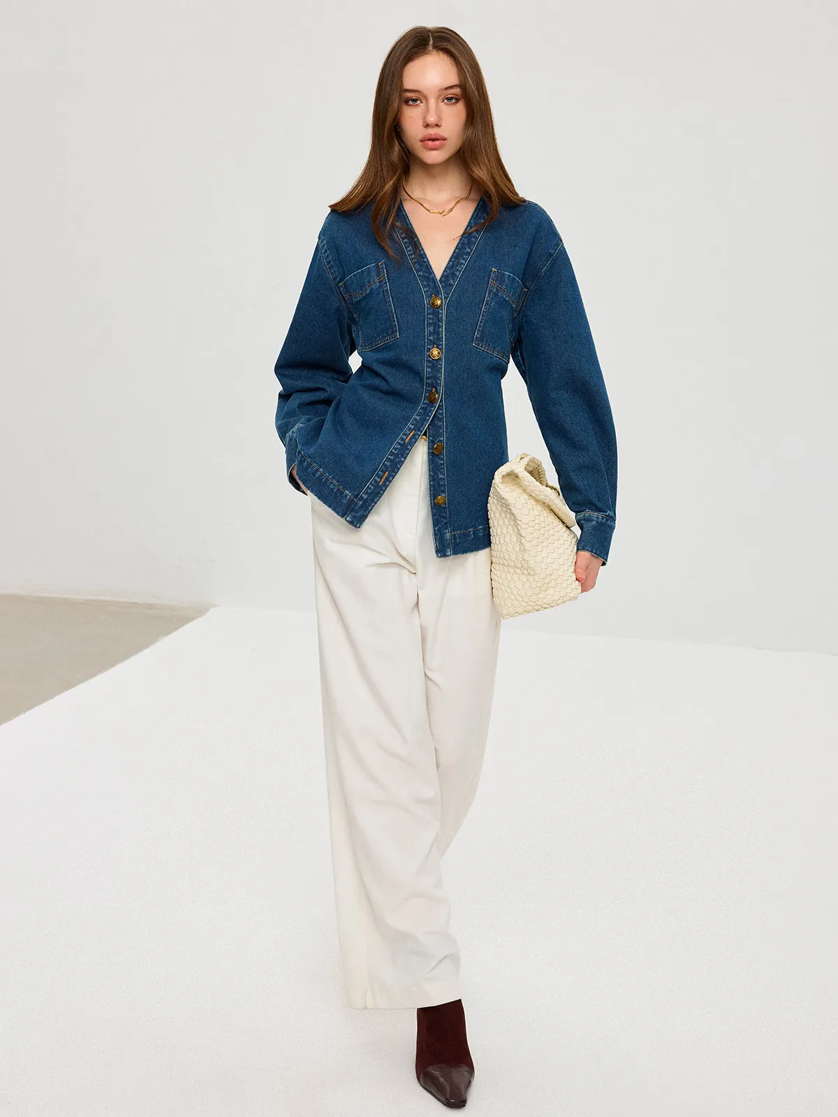 Denim V-Neck Button-Front Jacket sold by COMMENSE product image thumbnail 2