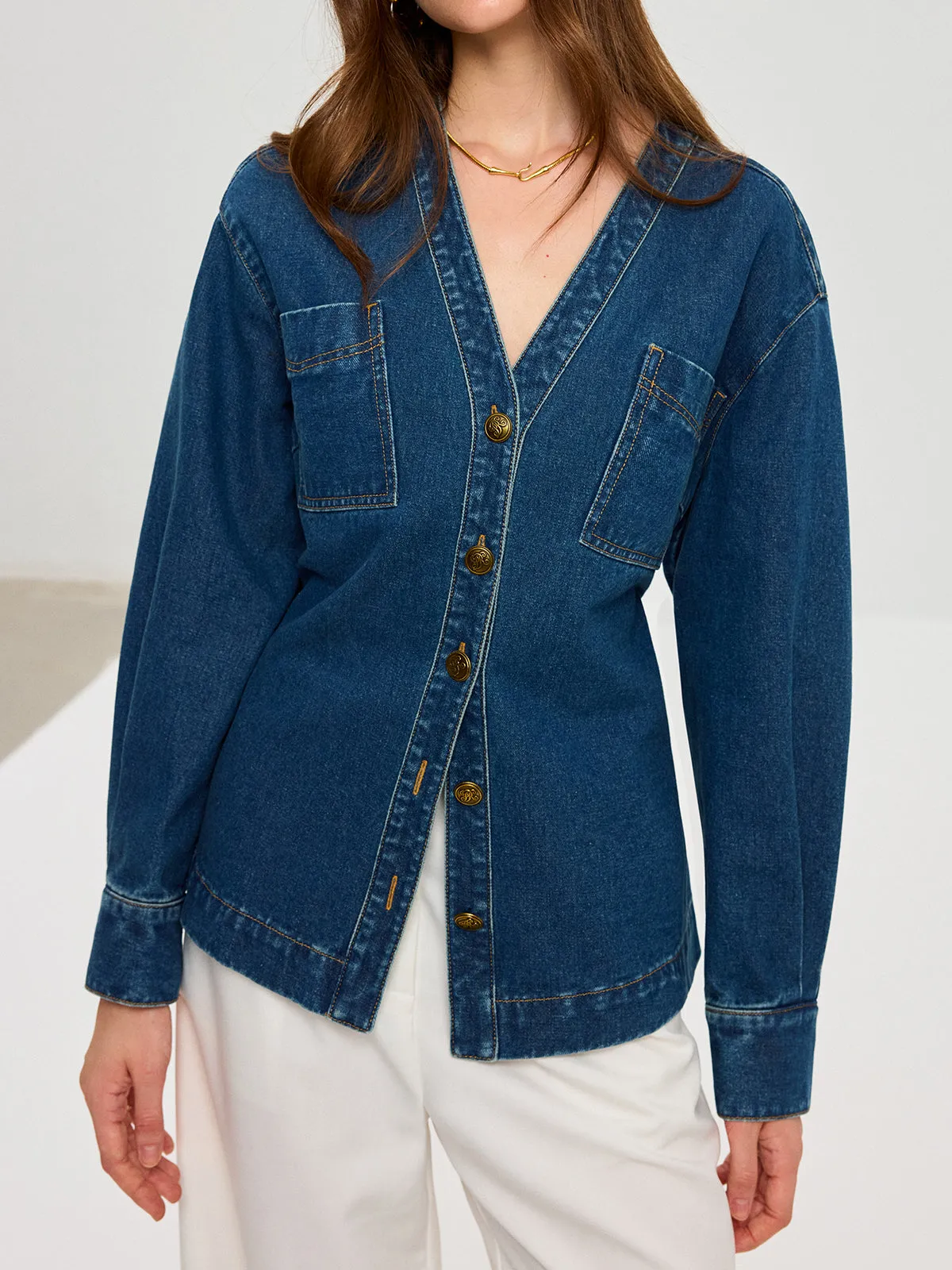 Denim V-Neck Button-Front Jacket sold by COMMENSE product image thumbnail 4